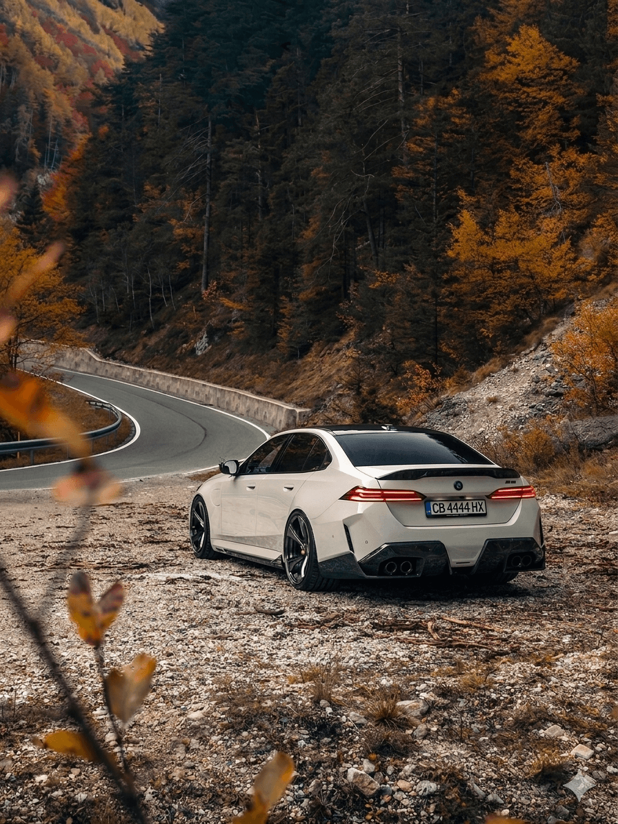 Бяло BMW на планински завой през есента